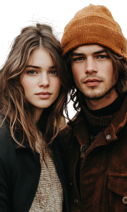 Portrait of a stylish young couple in warm, neutral-toned fashion – representing the modern, authentic spirit of FashionTrendz.