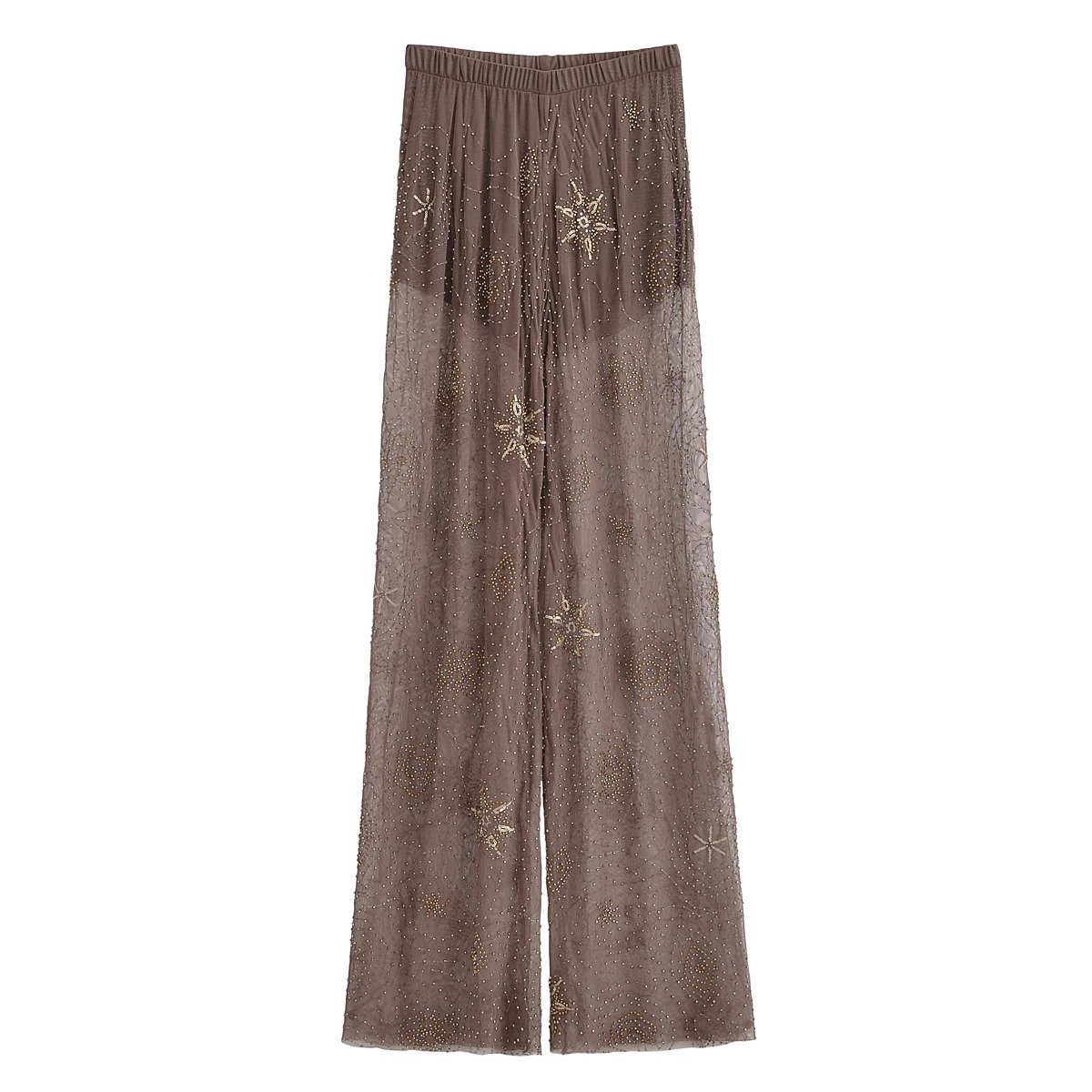 TRAFZA Sexy Chic Women Transparent Pants Sequins Straight Wide Leg Pants Fashion 2025 Spring Summer Holiday Party Trousers