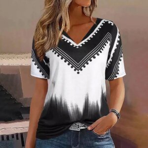 Front view of women’s gradient stripe t-shirt in pink tones – V-neck summer top