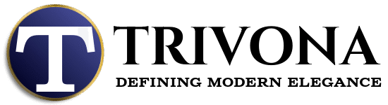 Trivona logo – gold-rimmed navy circle with a white T, beside the word TRIVONA in bold serif capitals