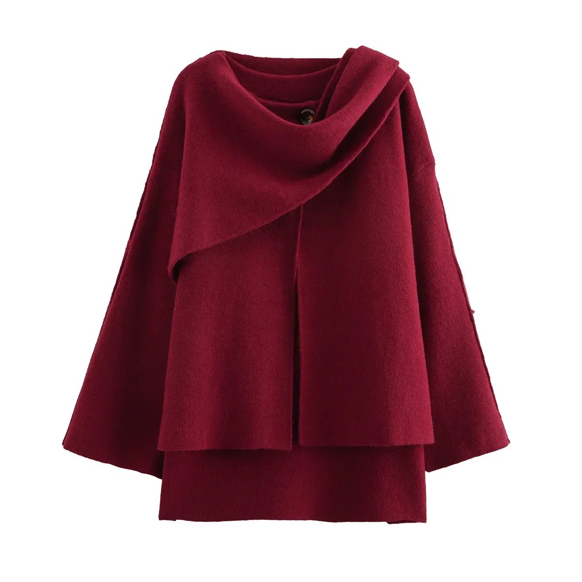 Ladies Autumn Winter Jacket – Oversize Knitted Coat with Elegant Asymmetric Scarf Design