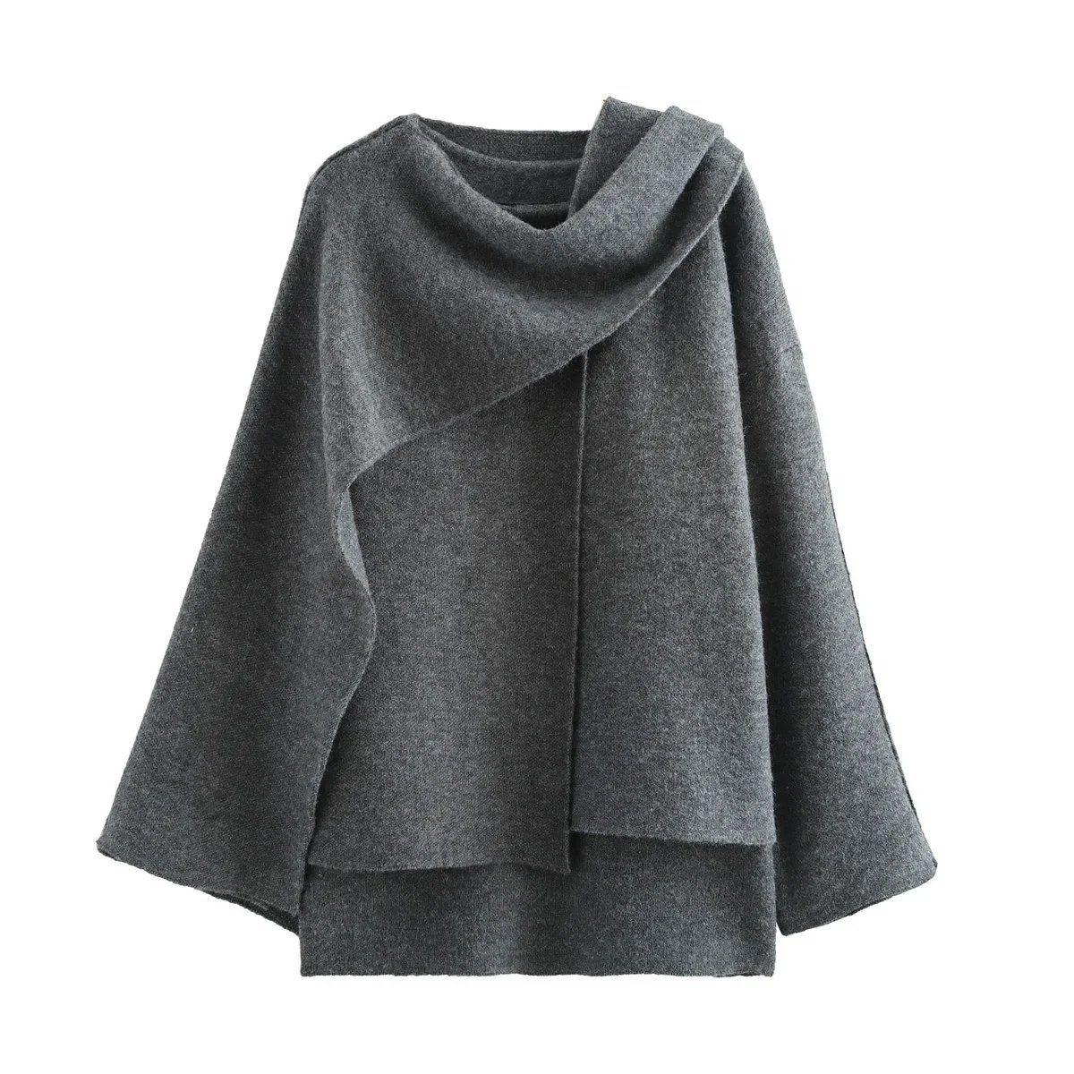 Ladies Autumn Winter Jacket – Oversize Knitted Coat with Elegant Asymmetric Scarf Design
